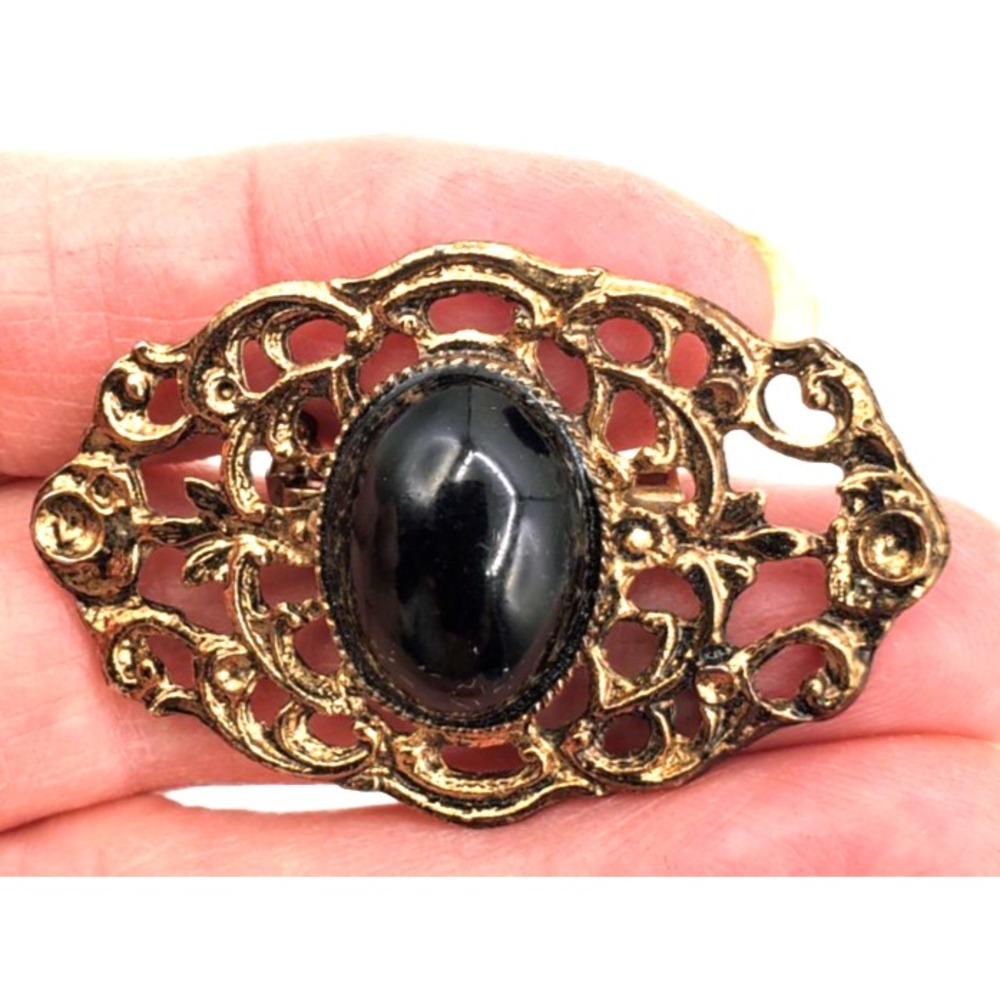 Vintage Mourning Brooch Filigree Black Stone Gold Tone